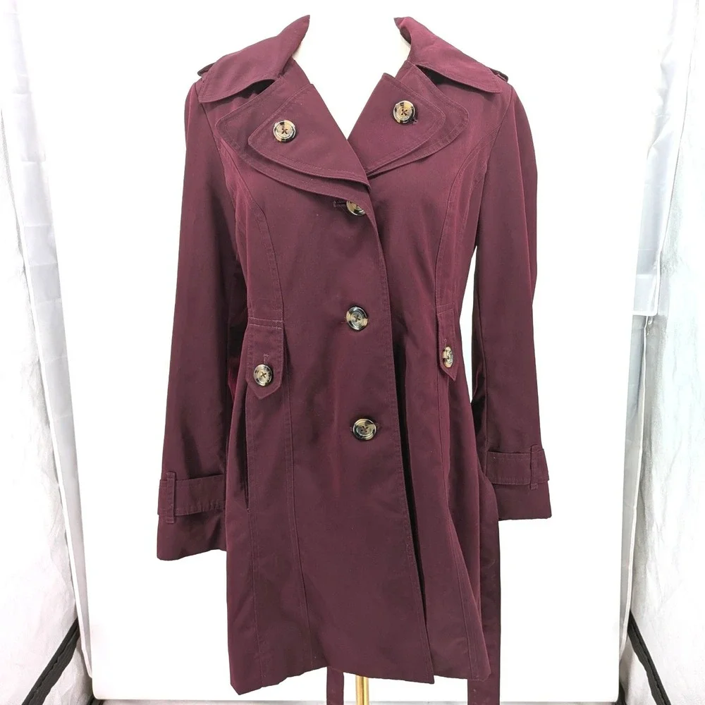 London Fog‎ Trench Coat Belted Double Breasted Plum Mid Length Classic S